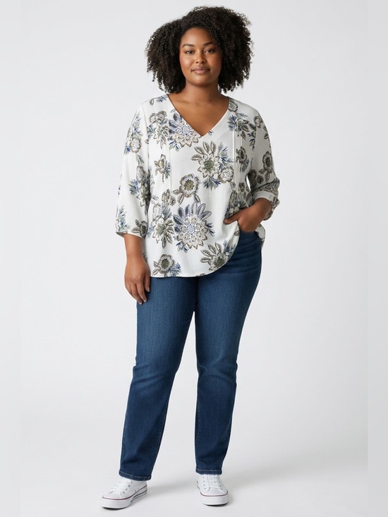new directions Tops - New Directions XL Floral V-Neck Pintuck Blouse Boho Cottagecore Stretch Top